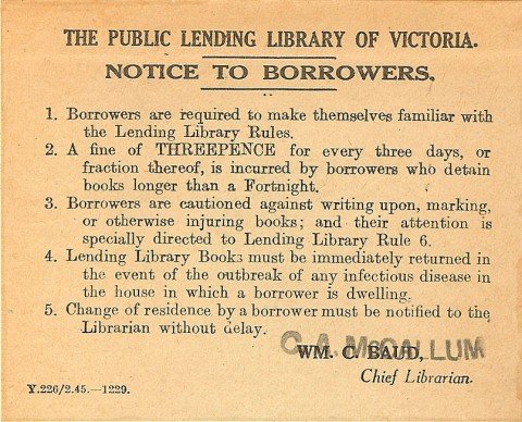 Public Lending Library of Victoria Notice to Borrowers