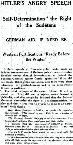 HITLER'S ANGRY SPEECH / 'Self-Determination the Right of the Sudetens / GERMAN AID, IF NEED BE / Western Fortifications 'Ready Before the Winter' / Manchester Guardian, 13 September 1938, p. 13