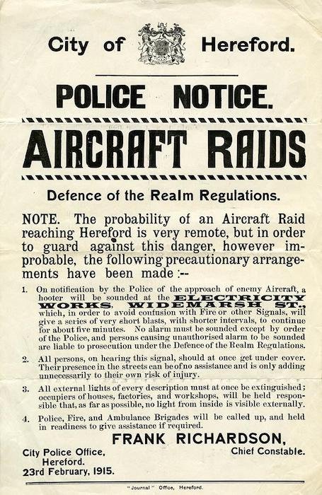 Hereford Police Notice - Aircraft Raids, 1915