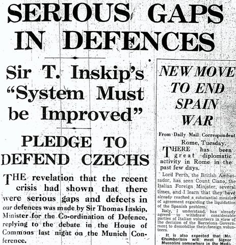 SERIOUS GAPS IN DEFENCES / Sir T. Inskip's 'System Must be Improved' / PLEDGE TO DEFEND CZECHS / Daily Mail, 5 October 1938, p. 11