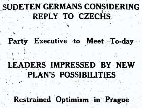 SUDETEN GERMANS CONSIDERING REPLY TO CZECHS / Party Executive to Meet To-day / LEADERS IMPRESSED BY NEW PLAN'S POSSIBILITIES / Restrained Optimism in Prague / Manchester Guardian, 1 September 1938, p. 9