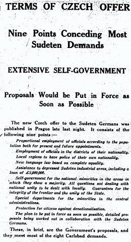 TERMS OF CZECH OFFER / Nine Points Conceding Most Sudeten Demands / EXTENSIVE SELF-GOVERNMENT / Proposals Would be Put in Force as Soon as Possible / Manchester Guardian, 7 September 1938, p. 9
