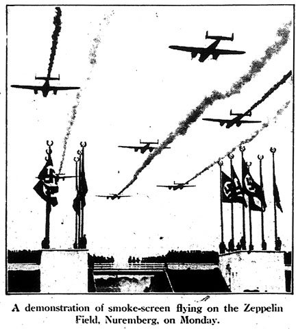 A demonstration of smoke-screen flying on the Zeppelin Field, Nuremberg, on Monday / Manchester Guardian, 14 September 1938, p. 7