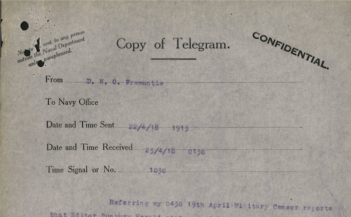 DNO Fremantle, 22 April 1918