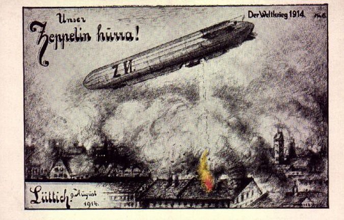 Postcard showing Zeppelin LVI bombing Leige, 6 August 1914