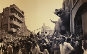 A giant bull with a human mouth bellows in pain in a crowded street in a bombed city