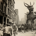 A street in a bombed city. A giant bull with a human face roars in pain as a crowd of people try to help it