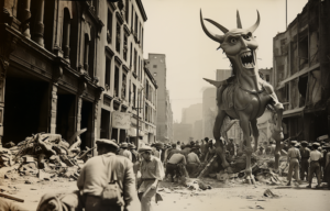 A street in a bombed city. A giant bull with a human face roars in pain as a crowd of people try to help it