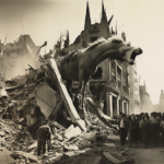 A street in a bombed city. A horse trapped in rubble screams in terror. A crowd of people watches