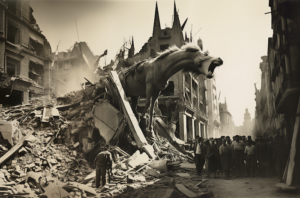 A street in a bombed city. A horse trapped in rubble screams in terror. A crowd of people watches