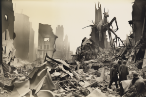 A street in a bombed city. A creature like a huge preying mantis is embedded in the ruins of a building