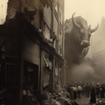 A street in a bombed city. A giant bull peers around a corner at a passive crowd of people below it