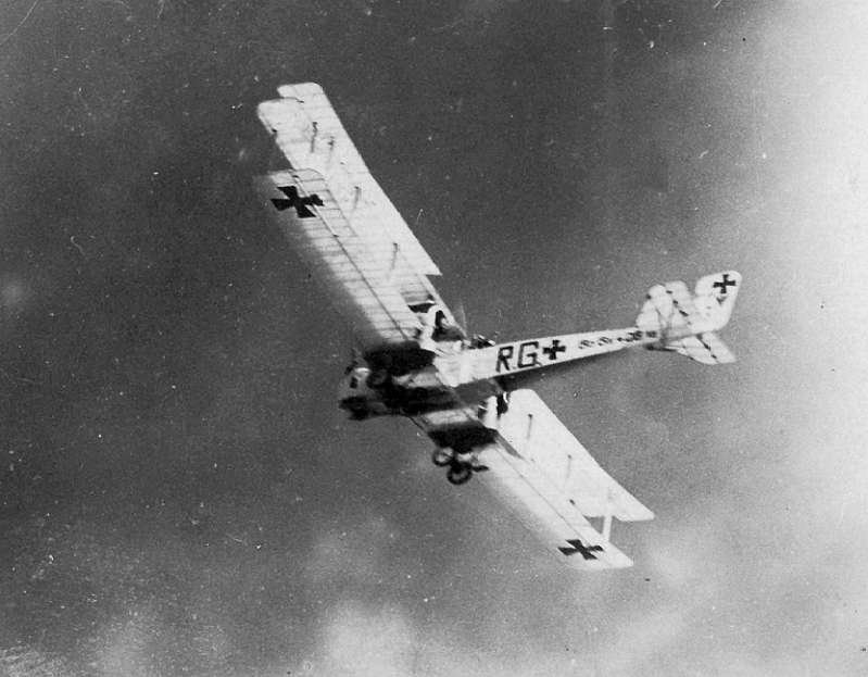 A large biplane Gotha bomber seen from below