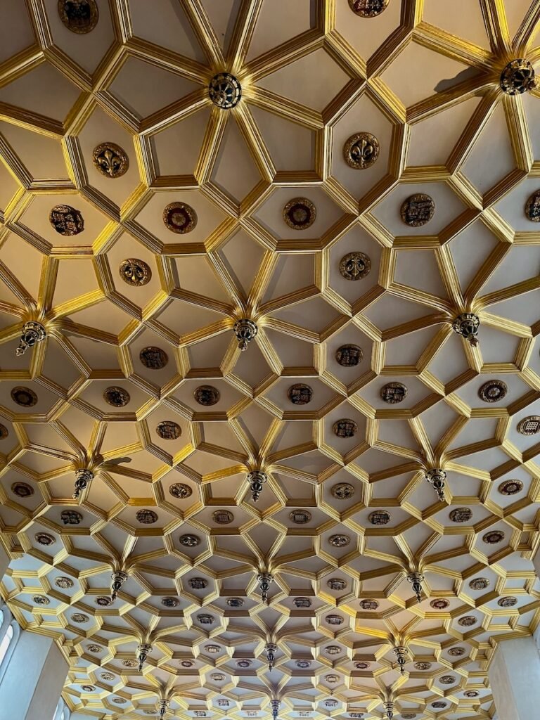 Ornate ceiling with geometric gold mouldings and decorative medallions.