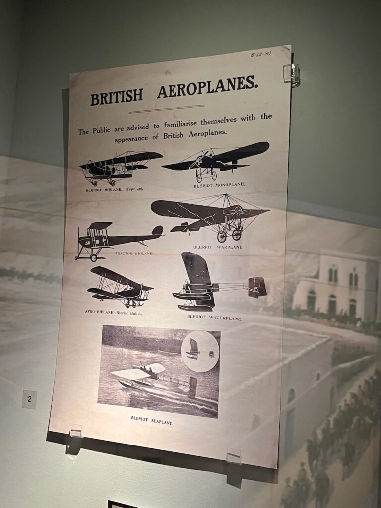 Poster titled "BRITISH AEROPLANES" showing diagrams and names of seven different early 20th-century aircraft.