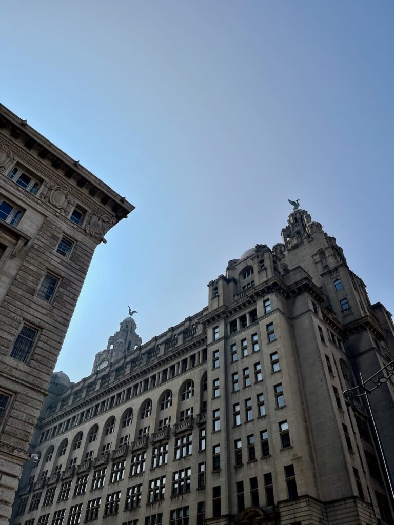 Low-angle view of historic buildings with ornate detailing, numerous windows, and bird statues on top against a clear blue sky.