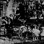 Horse-drawn carriage with people seated and standing children in front.
