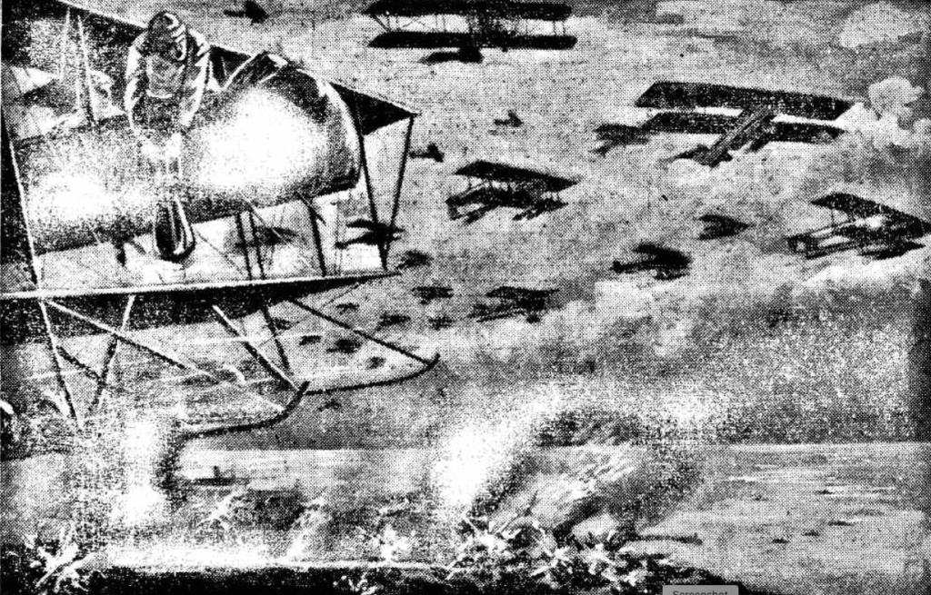 The image depicts a dramatic aerial scene over a body of water. In the foreground, there is a large aircraft with a pilot holding a bomb over the side of the cockpit. Numerous biplanes are flying in formation across the sky.