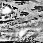 The image depicts a dramatic aerial scene over a body of water. In the foreground, there is a large aircraft with a pilot holding a bomb over the side of the cockpit. Numerous biplanes are flying in formation across the sky.