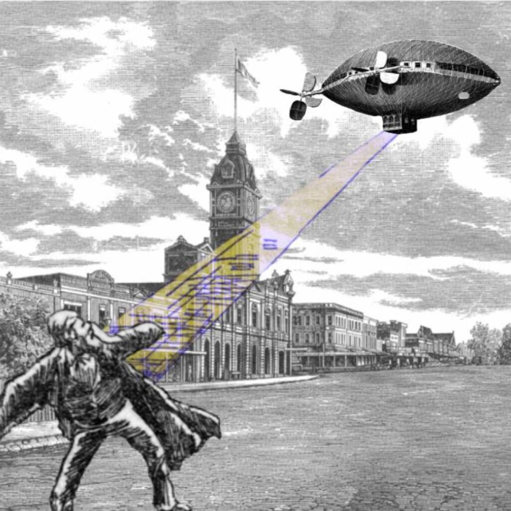 The image portrays a surreal black-and-white scene depicting an old-fashioned dirigible airship in the sky over a town square. The town's architecture features a prominent clock tower with intricate ornate detailing, surrounded by a series of classical buildings lining the street. In the foreground, a distressed man in a long coat appears to recoil dramatically, as if struck by a beam emitting from the airship. The airship is depicted with propellers and a streamlined shape, casting a yellow and purple beam towards the man and the ground.