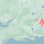 What's it all about? Map of southern England and Wales highlighting cities and points of interest, with marked locations represented by blue and red circles, and London indicated by an orange star.